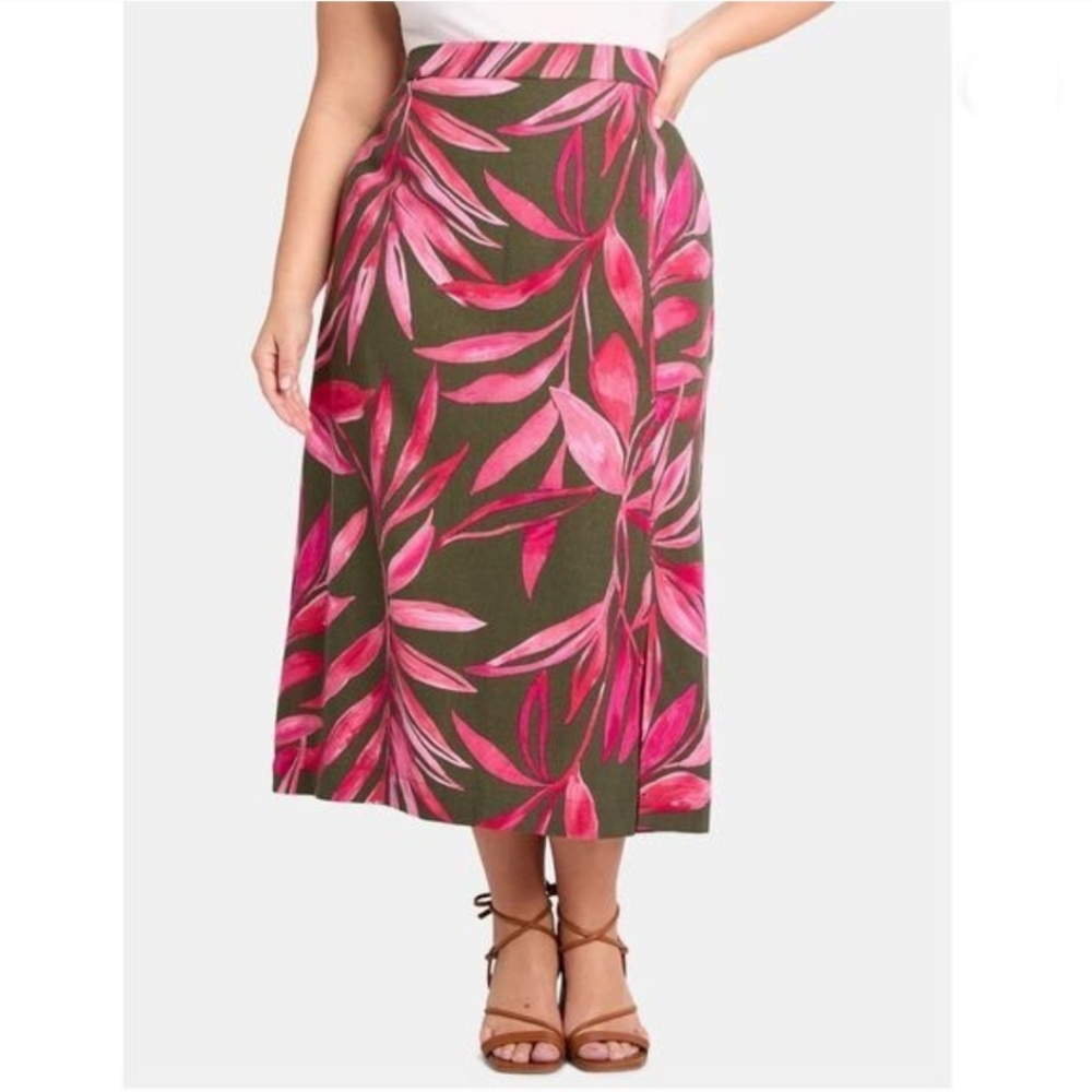 Time and Tru Linen Blend Tropical Pink & Ivy Green Leaf Print A-Line Skirt XXL